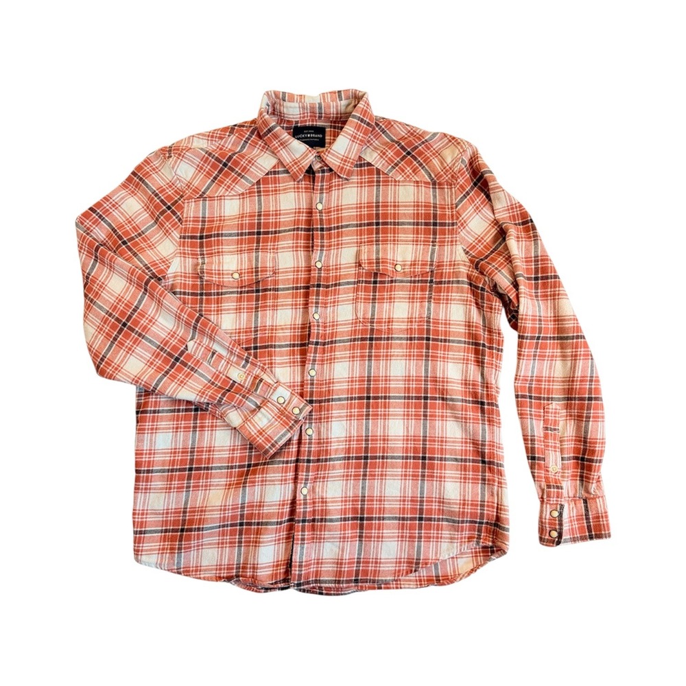 Lucky Brand Western Shirt Men Large Orange Plaid Pearl Snap Flannel